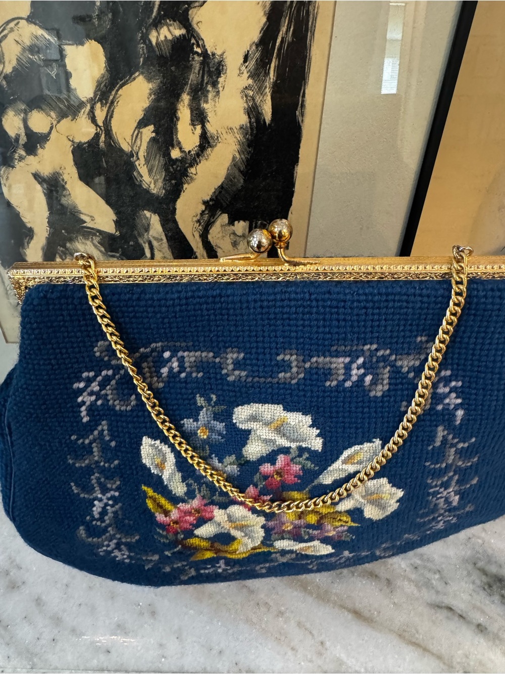 Vintage Blue Needlepoint Floral Kiss Lock Handbag Gold Chain Purse - Picture 2 of 9